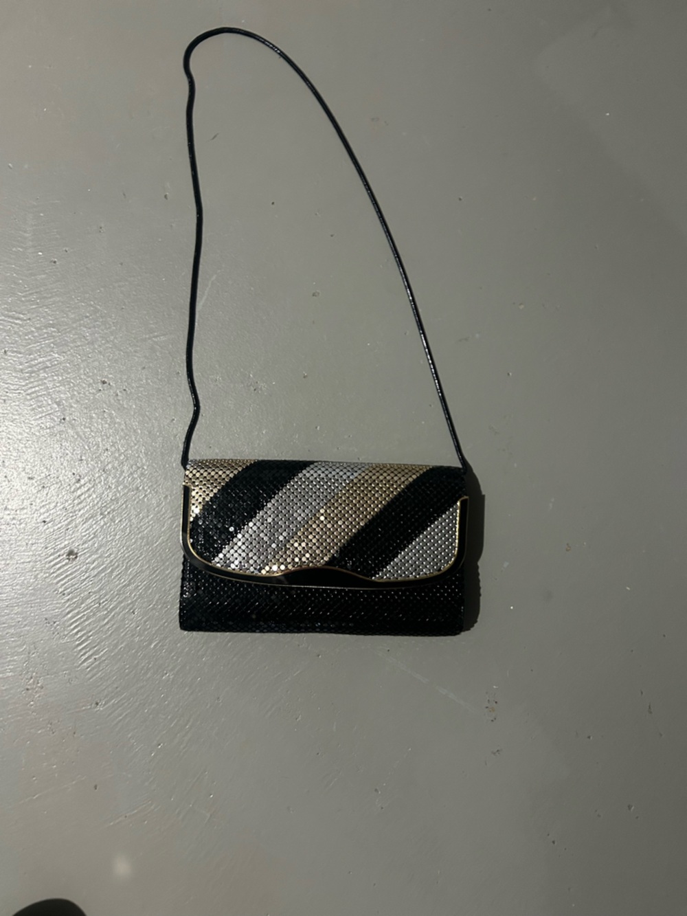 Black, Silver and Gold Striped Evening Clutch with Chain Strap